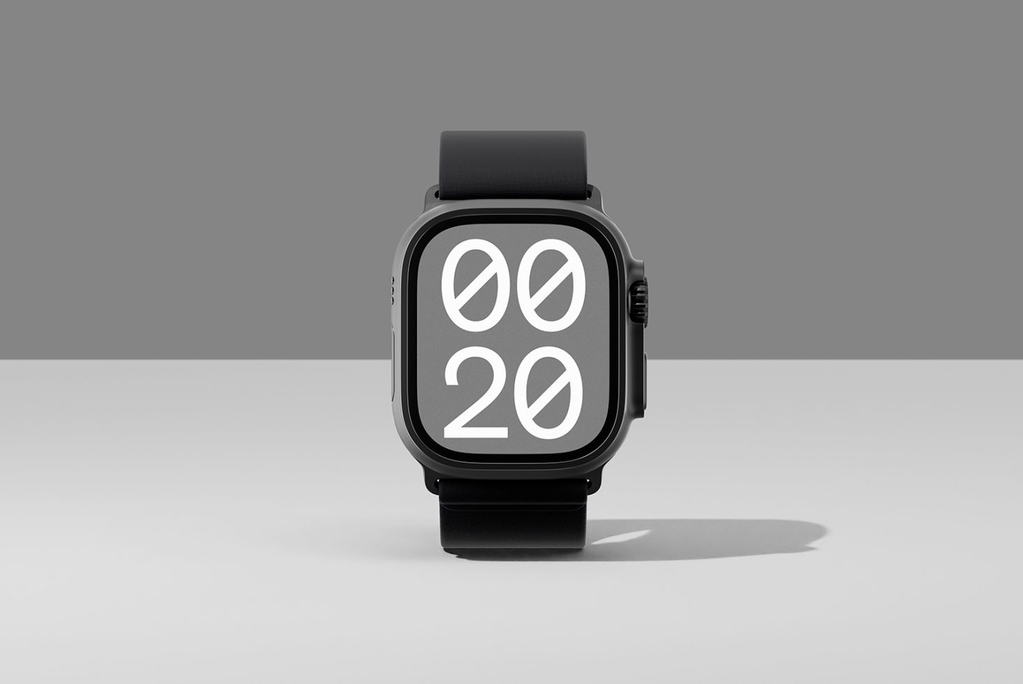 Smartwatch mockup with minimalist digital display showing time against grey background ideal for UI UX designers showcasing app prototypes tech branding