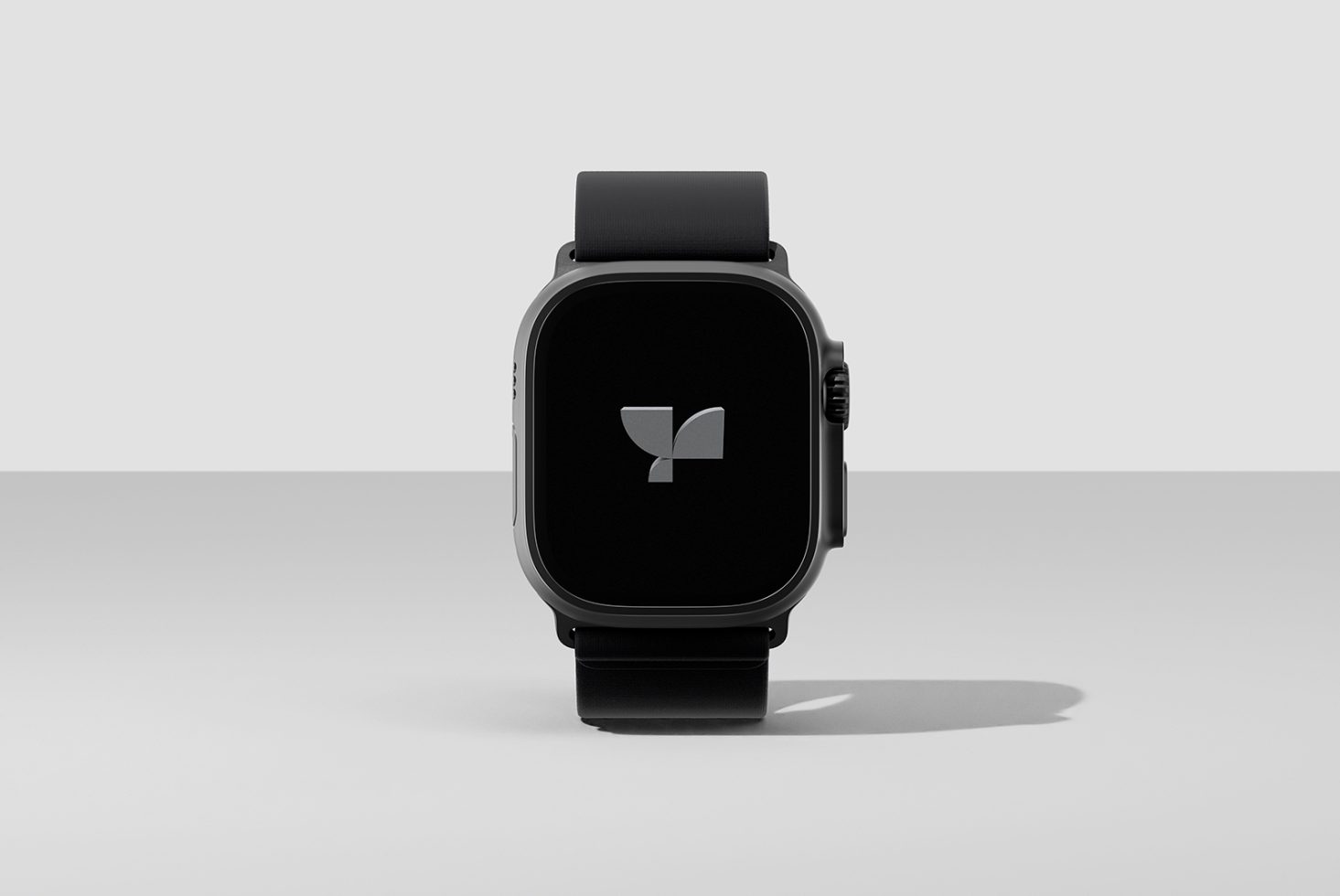 Black smartwatch mockup with dark face and sleek design, standing on a light background. Ideal for digital assets, graphic design, and templates for designers.