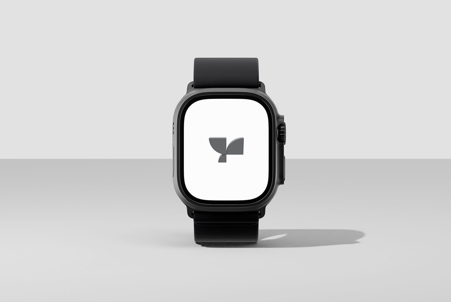 Smartwatch mockup with black strap and minimal logo design on the screen Display your graphics and templates on this modern digital watch asset marketplace for designers