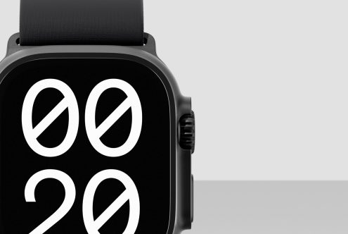 Half of a sleek smartwatch with a monochromatic black and white display, showing bold large numerals. Suitable for Mockups, tech, digital assets, UI design.