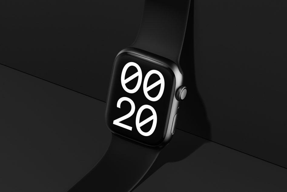 Smartwatch mockup with black band and minimalist digital display for designers. Ideal for showcasing apps and sleek UI designs. High-quality digital asset.