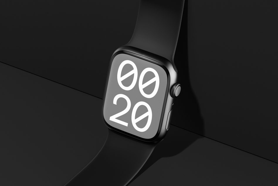 Smartwatch mockup with a minimal black and white design on the screen, suitable for showcasing digital assets for designers. Editable PSD for templates.