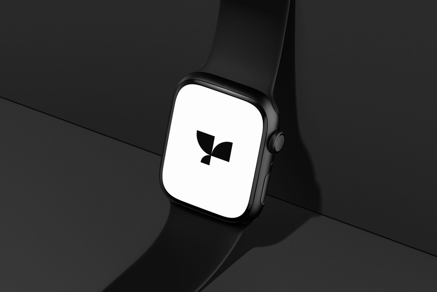 Minimalistic smartwatch mockup displaying a modern logo on the screen against a sleek dark background perfect for graphic and UI designers digital assets.