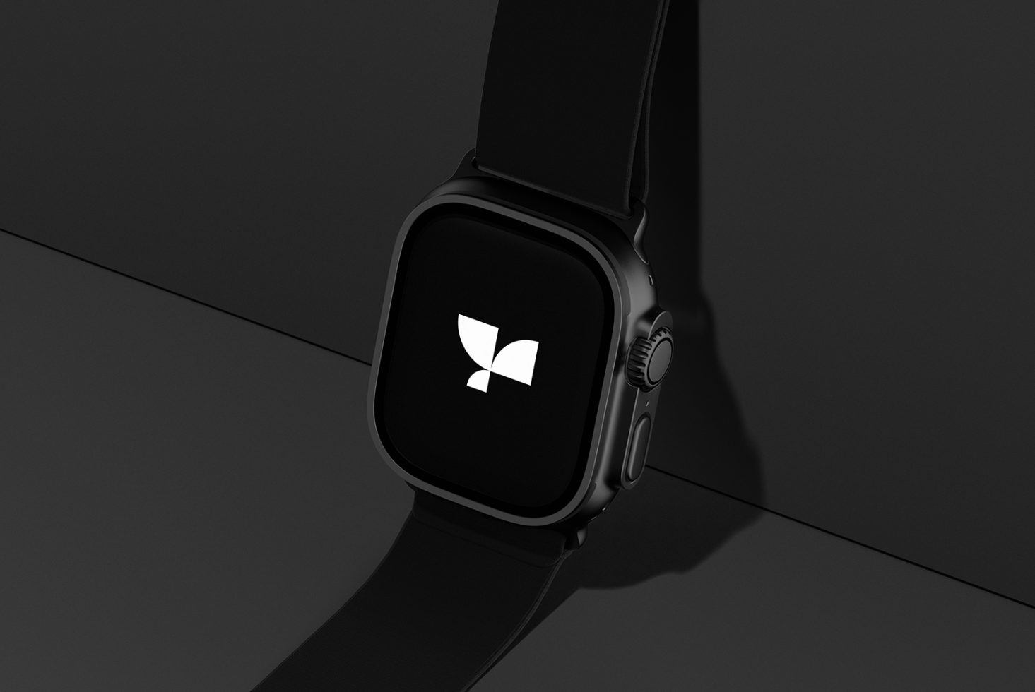 Smartwatch mockup with black strap on a dark background, featuring a minimalist logo design. Ideal for designers looking for high-quality digital assets.