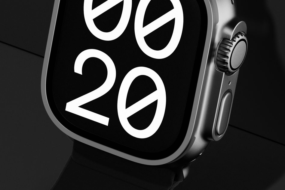 Close-up of a modern digital smartwatch displaying time 00:20 in white digits on a black screen. Perfect for tech mockups and wearable device templates.