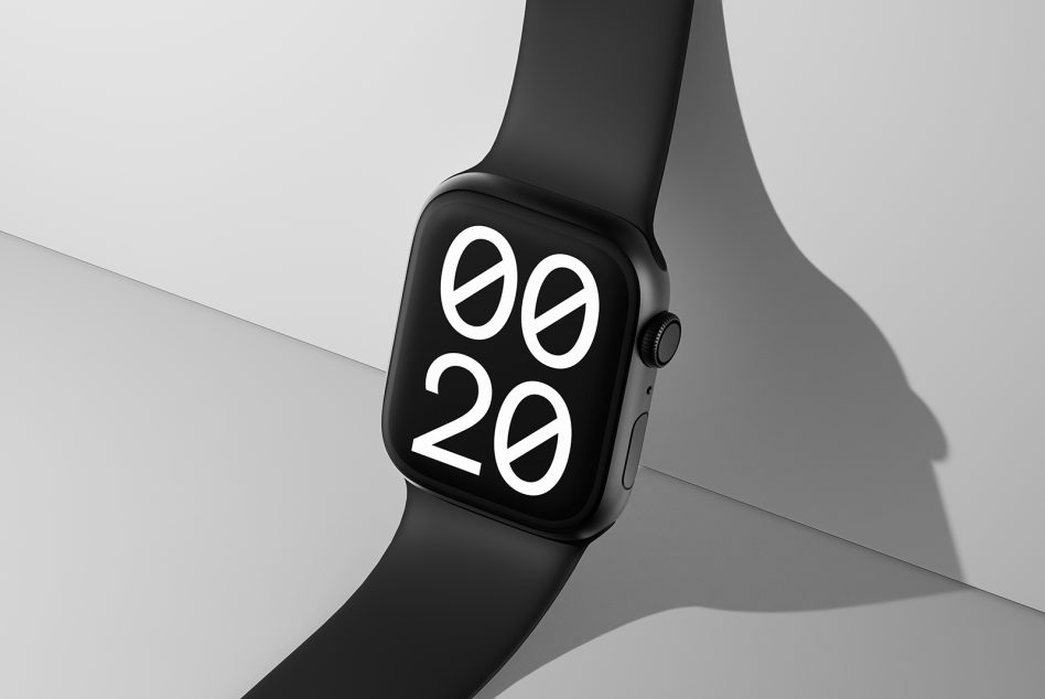 Smartwatch mockup with bold minimalist digital display set against a neutral background for designers showcasing app designs mockups and tech templates