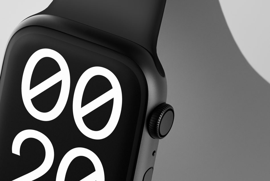 Close-up digital smartwatch mockup with black band and unique modern white font display suitable for designers creating tech mockups and digital assets.