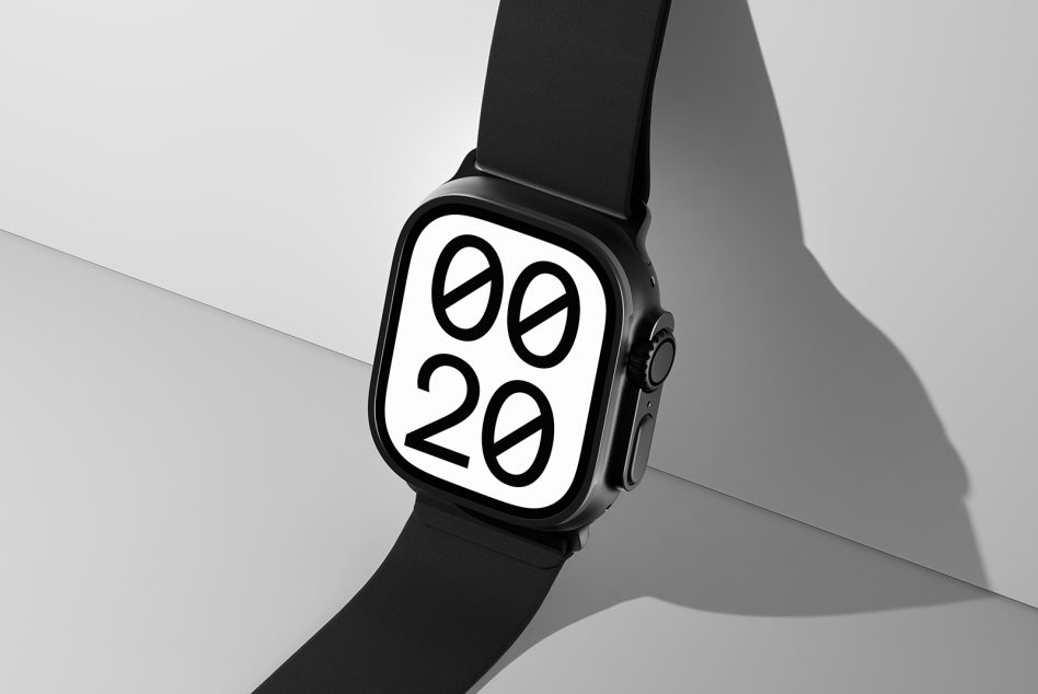 Smartwatch mockup with modern minimalist watch face in black and white design perfect for designers showcasing digital assets templates and graphics.