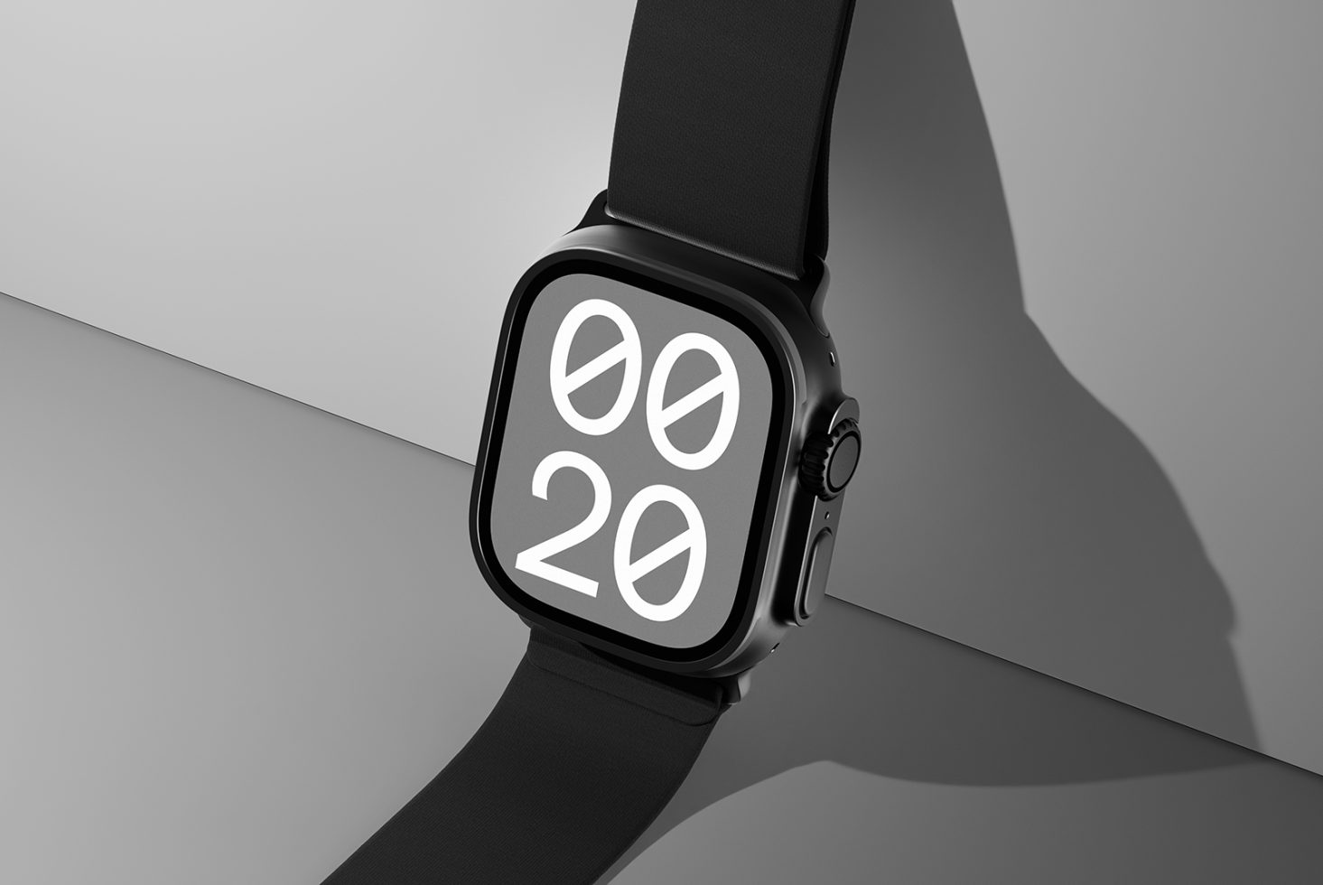 Smartwatch Mockup with minimalist black strap and modern large digital display showcasing the time. Ideal for designers seeking sleek and contemporary mockup templates.