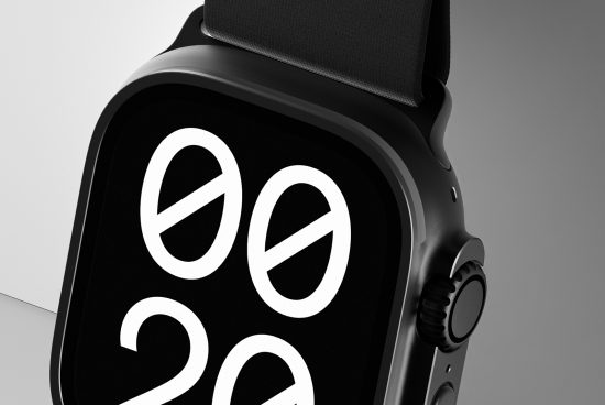 Smartwatch digital mockup showing sleek black design and modern minimalist display screen. Ideal for tech product presentations and UI/UX design projects.