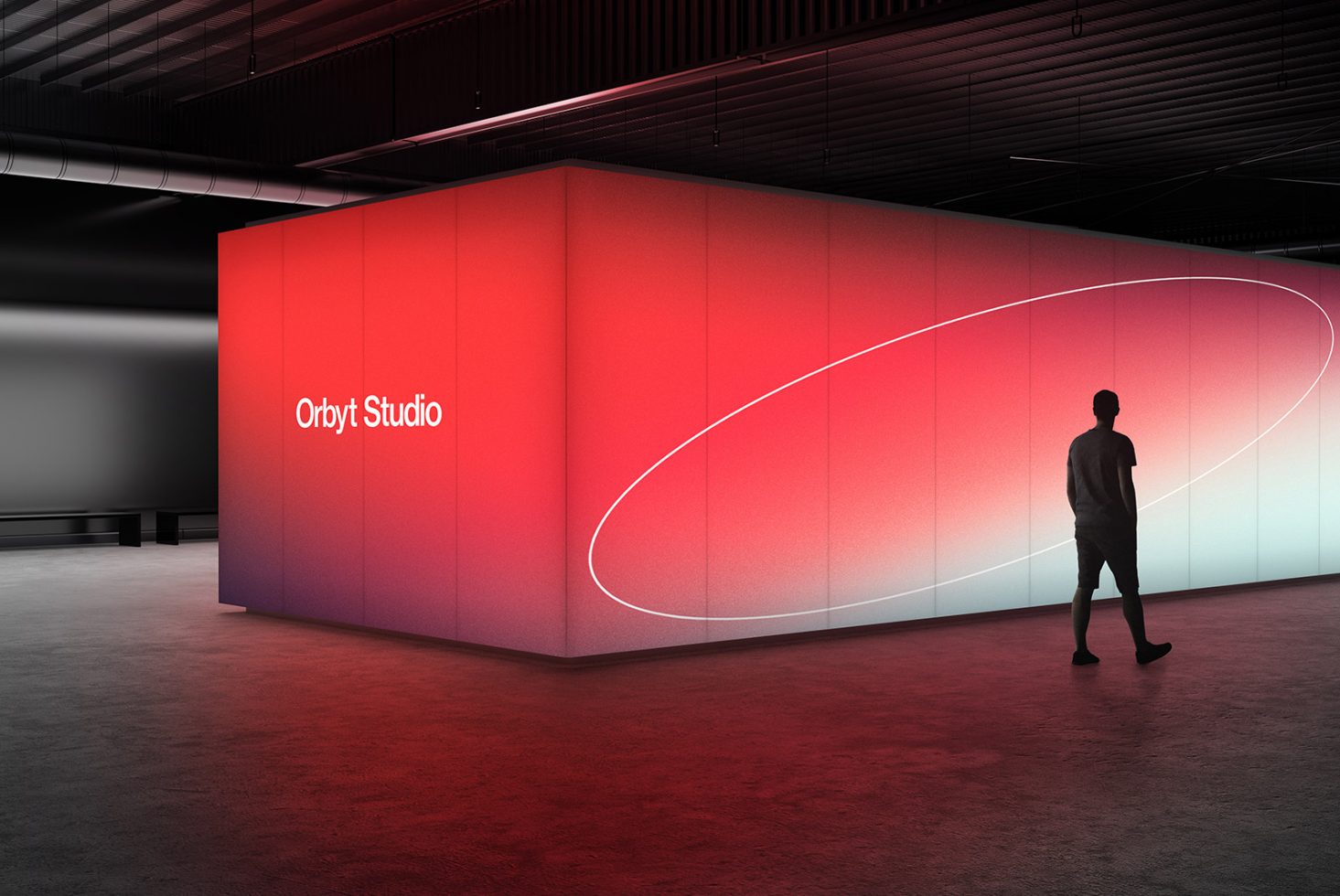 Mockup of a modern studio with gradient lighting and Orbyt Studio logo on the wall, ideal for designers graphic design templates branding mockups digital assets.