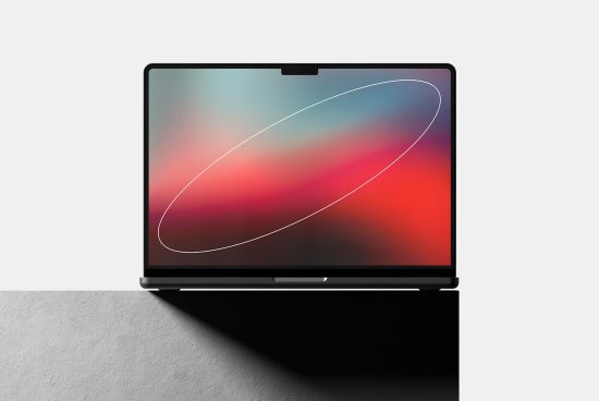 Laptop mockup template with vibrant gradient screen. Ideal for designers showcasing applications and websites. Mockups, digital assets for designers.