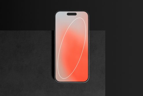 Smartphone mockup with abstract red and gray gradient wallpaper, showcasing modern UI design on a contrasting dark background. Ideal for digital mockup assets.