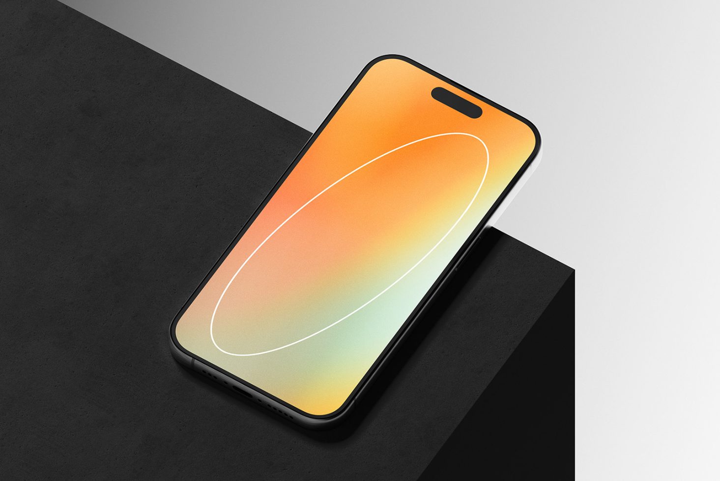 Minimalistic smartphone mockup with gradient screen placed on a black pedestal. Perfect for UI designers digital assets and showcasing mobile app interfaces.