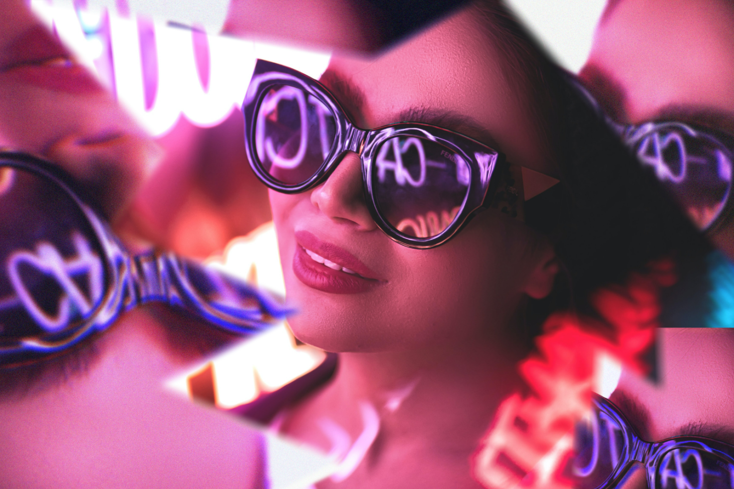 Vibrant digital art with reflective glasses neon lights and colorful reflections suitable for graphic design templates or creative mockups for designers.