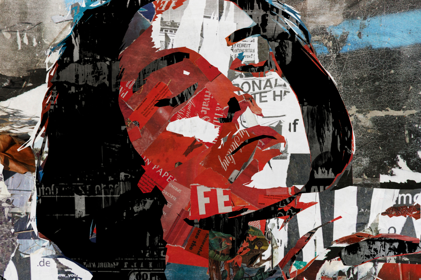 Collage art featuring a multi-layered portrait composed of ripped newspaper and magazine pieces. Ideal for graphic designers and artists seeking unique textures.