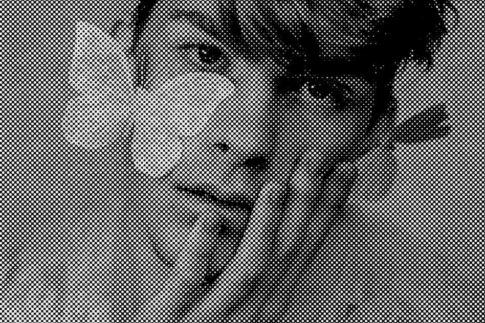 Halftone portrait of a person with butterflies artwork suitable for digital designers graphics and templates. High-resolution detailed dots effect.