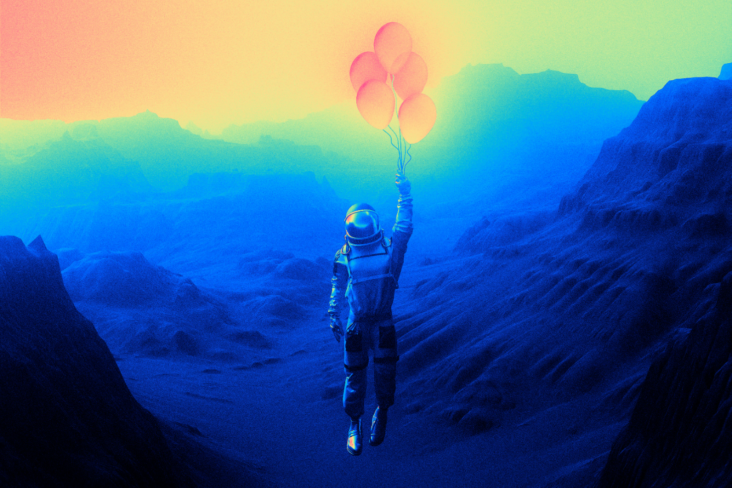 Digital art graphic of an astronaut floating with balloons in a surreal neon landscape; perfect for mockups, backgrounds, and creative design templates.