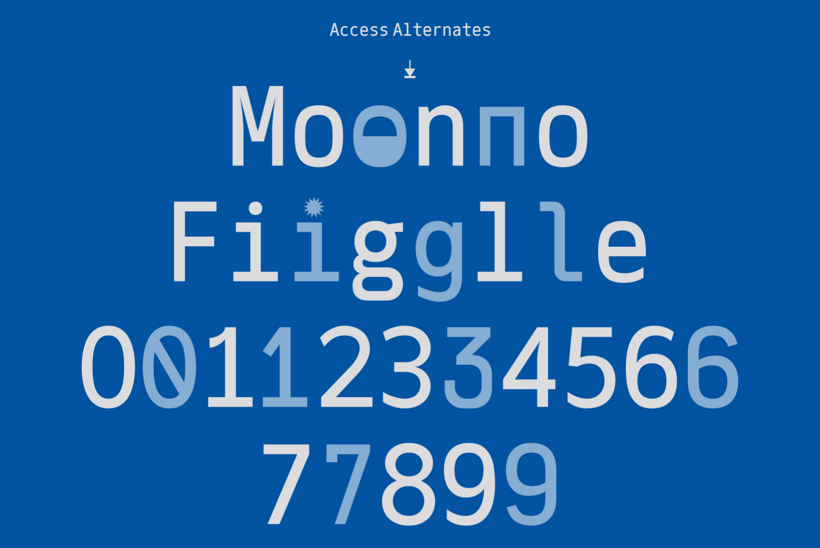 Blue background showing a modern sans-serif font with diverse letter and number alternatives. Perfect for typography projects, graphic design, and digital assets.