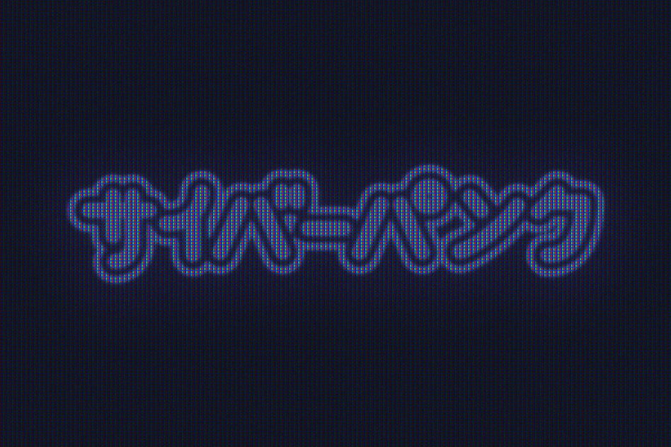 Cyberpunk style Japanese neon text on a dark background in a pixelated grid design. Perfect for futuristic graphics digital assets templates mockups for designers.