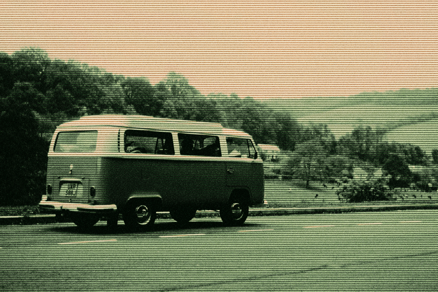 Retro camper van in scenic countryside setting with vintage halftone effect. Ideal for digital asset designers in mockups graphics and template projects.