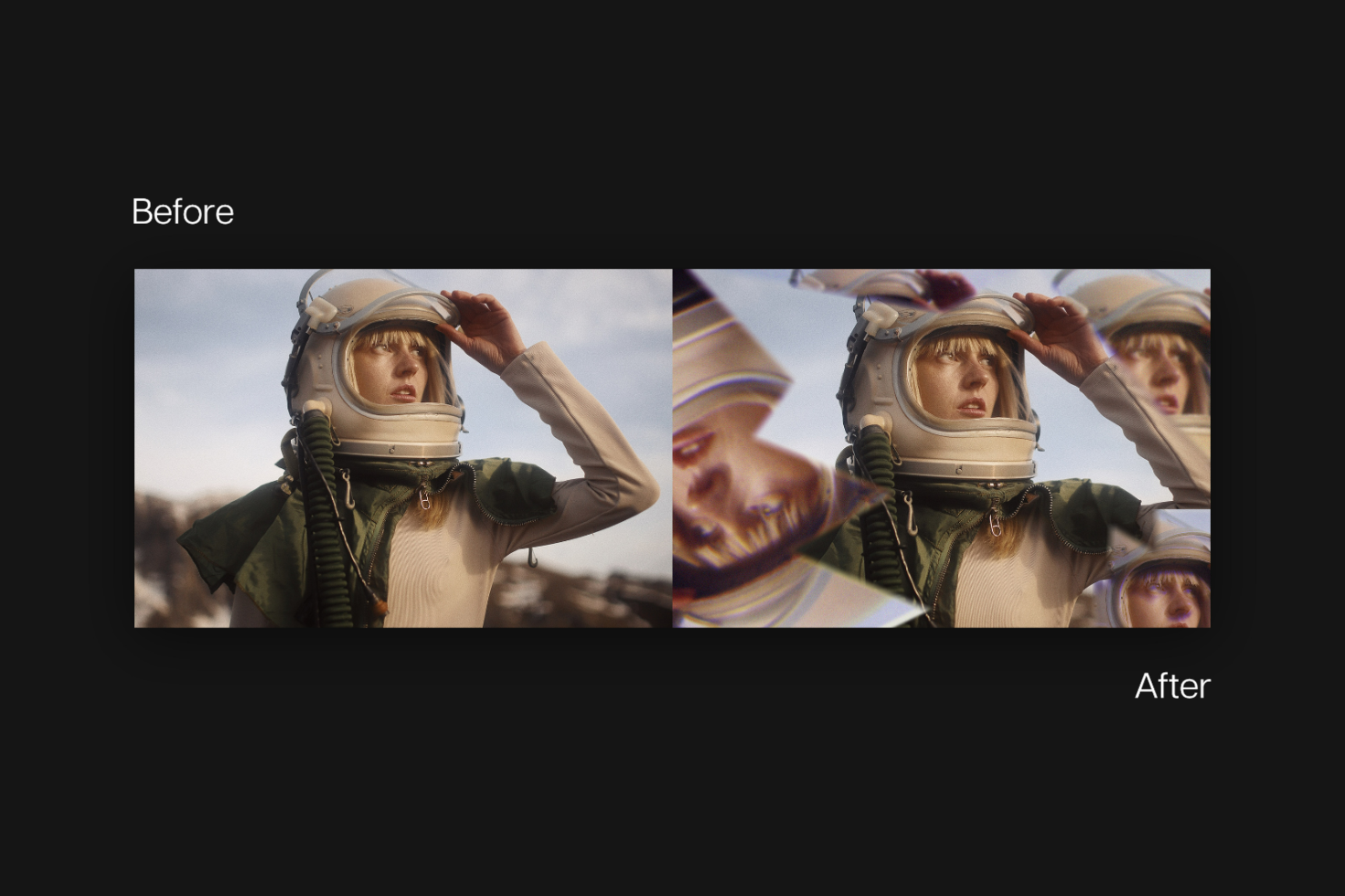 Before and after comparison of a design template effect applied to an astronaut-themed image. Ideal for graphic designers. Tags: mockups, templates, graphics.