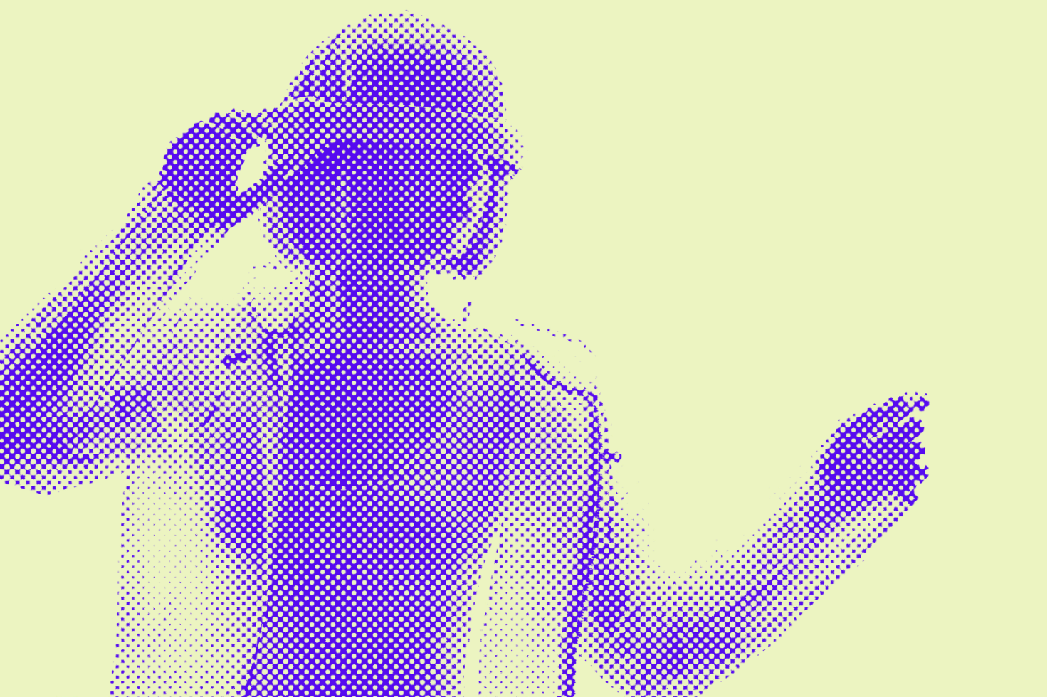 Halftone graphic of person in hat and sunglasses on light background. Digital asset for designers. Mockup. Graphic element. Retro, pop art. Template use.