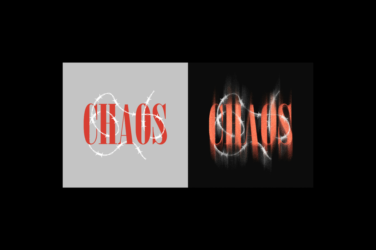 Typography design with the word CHAOS in red, wrapped in barbed wire, displayed on gray and black backgrounds. Suitable for graphic design projects.