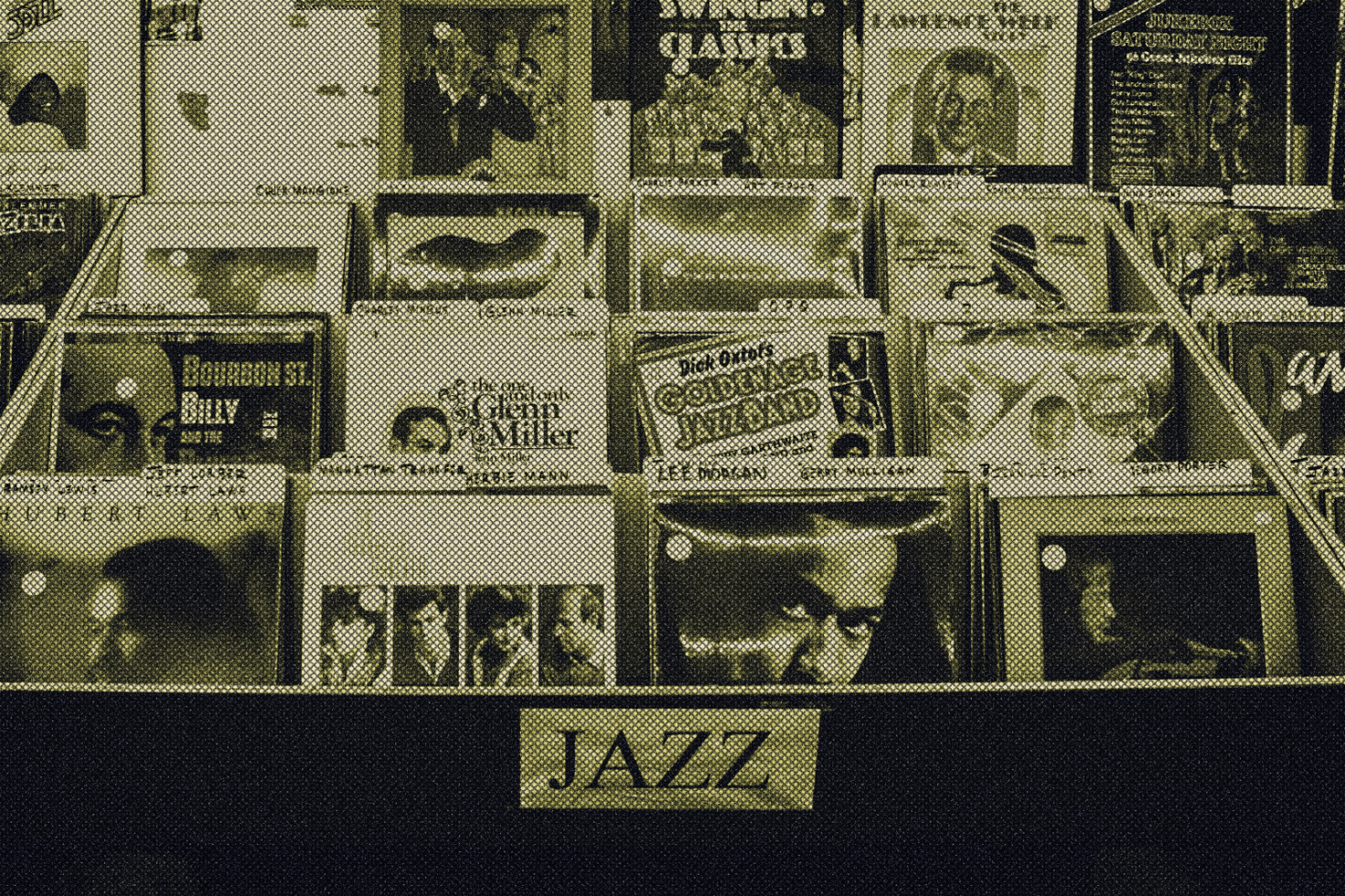 Halftone effect jazz record covers mockup for digital assets marketplace. Ideal for designers seeking vintage graphics, music-themed design templates.