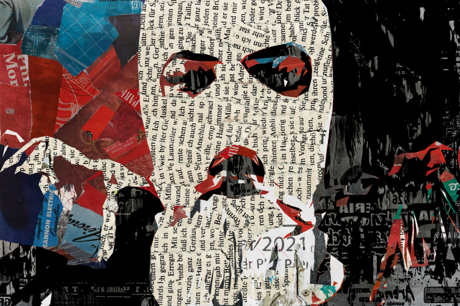 Abstract digital graphic collage with newspaper clippings forming a distressed face. Keywords: digital asset, designer, graphic, collage, texture, abstract, manuscript.