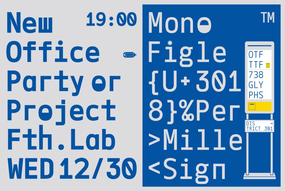 Monospaced font mockup featuring various letters, numbers, and symbols in blue color, demonstrating font versatility. Ideal for designers searching fonts.