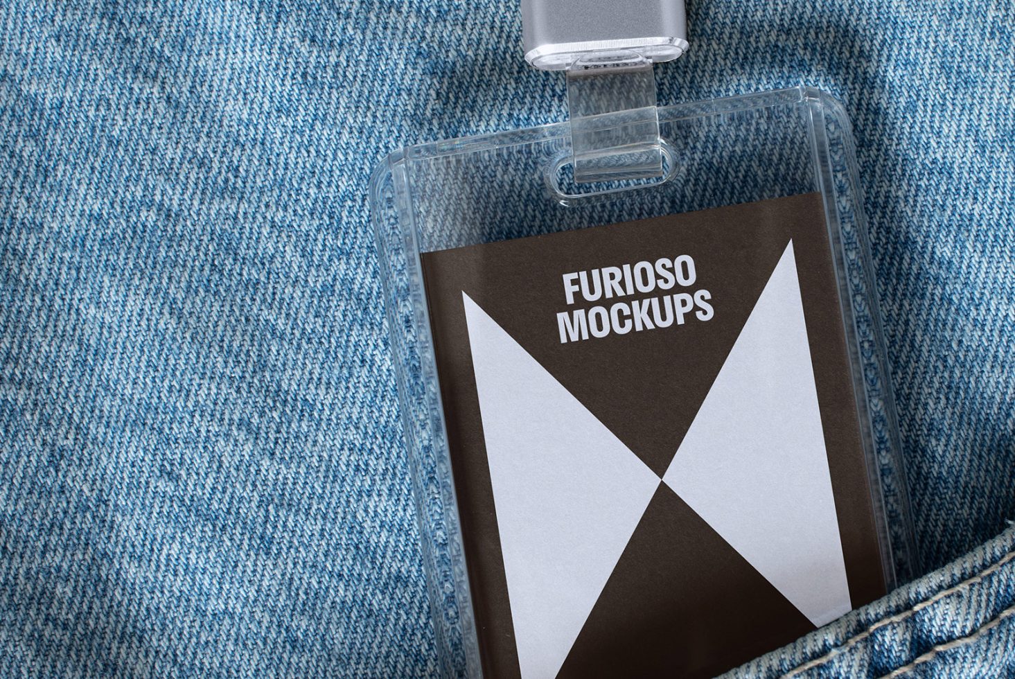 ID card holder mockup placed on blue denim pocket showcasing Furioso Mockups branding ideal for designers creating professional badge and ID designs