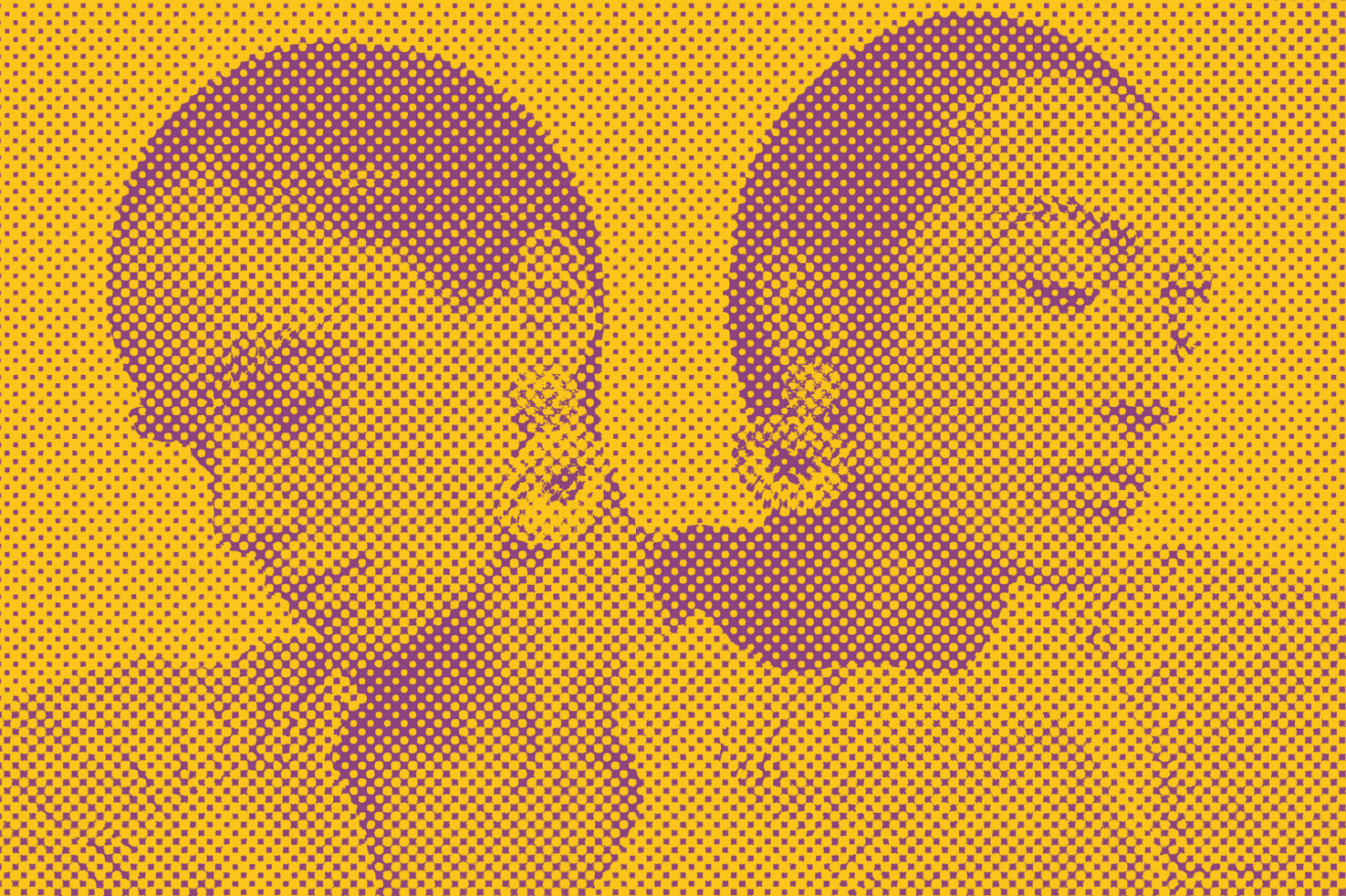 Halftone effect image of two women in profile view on yellow background graphic template designers illustration digital asset pop art style modern design