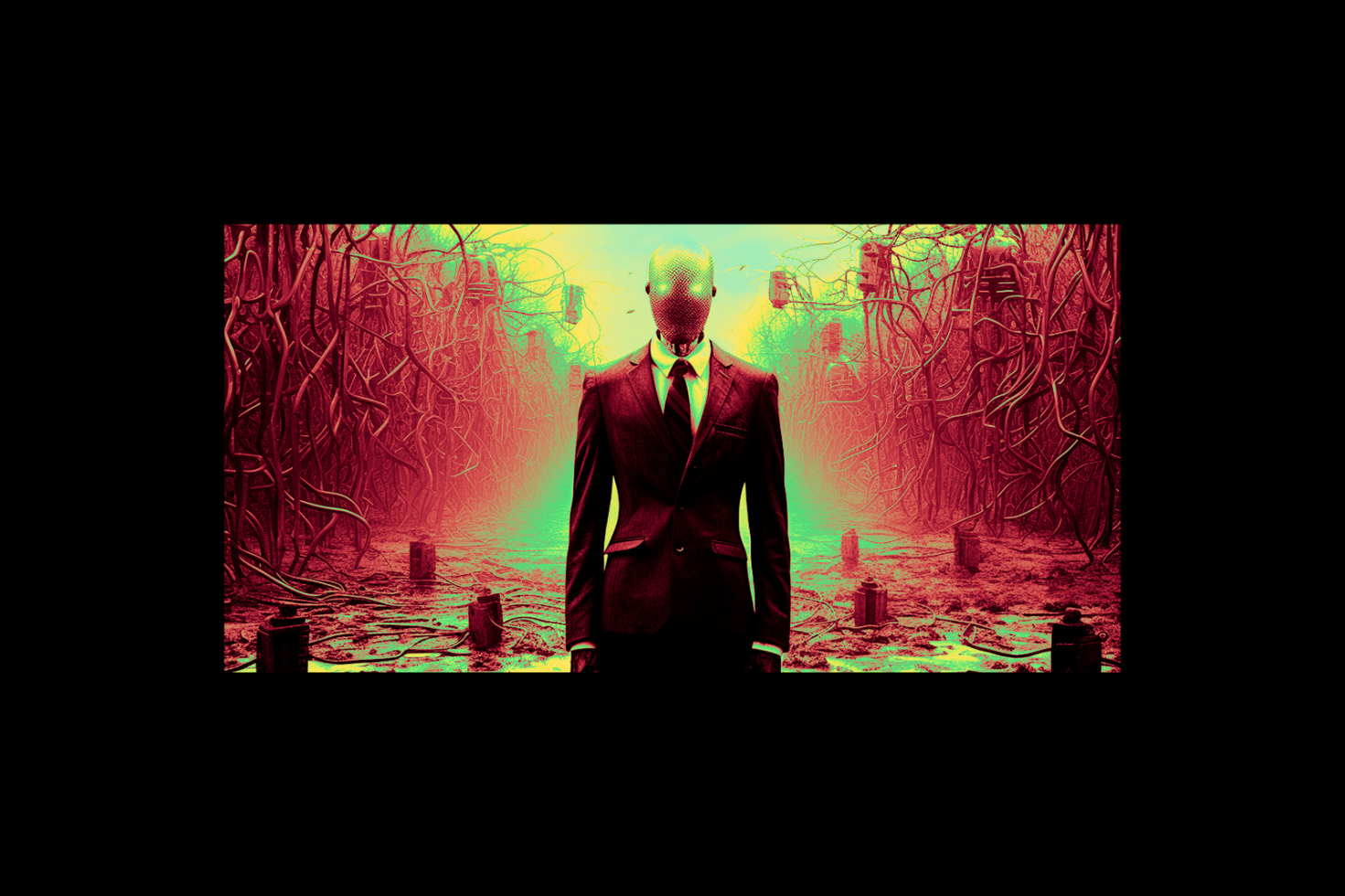 Surreal graphic template of a faceless man in a suit standing in a techno-organic forest with vibrant colors. Perfect for unique design projects.