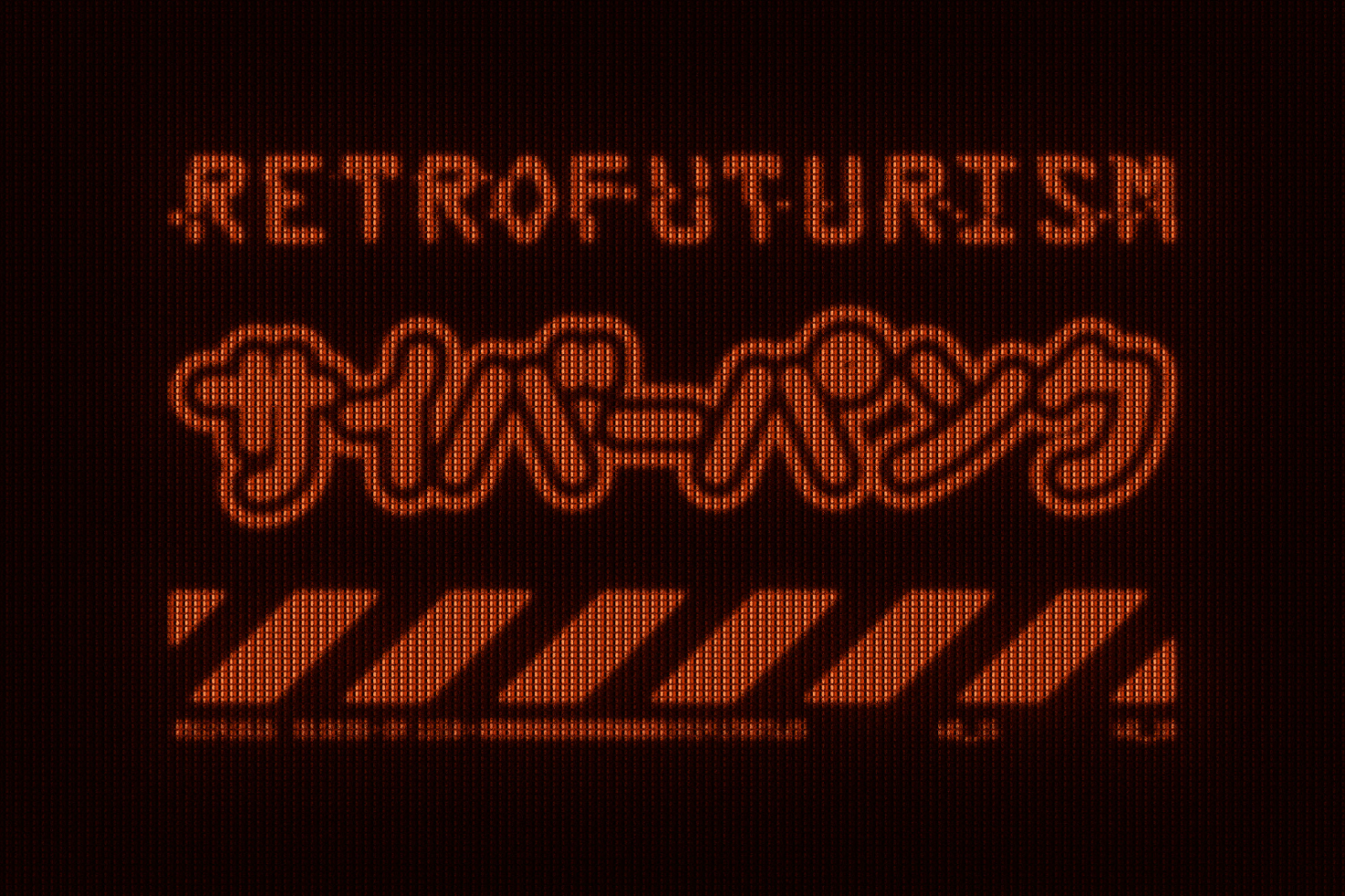 Retrofuturism poster with pixelated text in English and Japanese. Neon orange aesthetic. Suitable for graphics and templates. Perfect for designers.