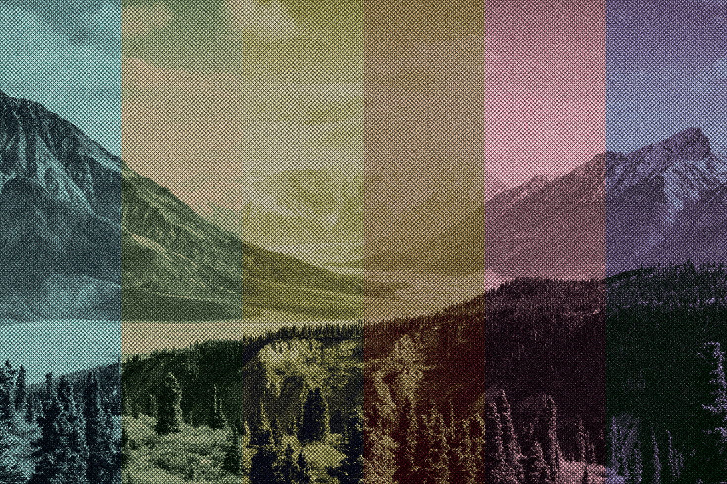 Vintage poster mockup featuring a colorful mountain landscape with halftone pattern overlay ideal for retro designs and graphic projects for designers.