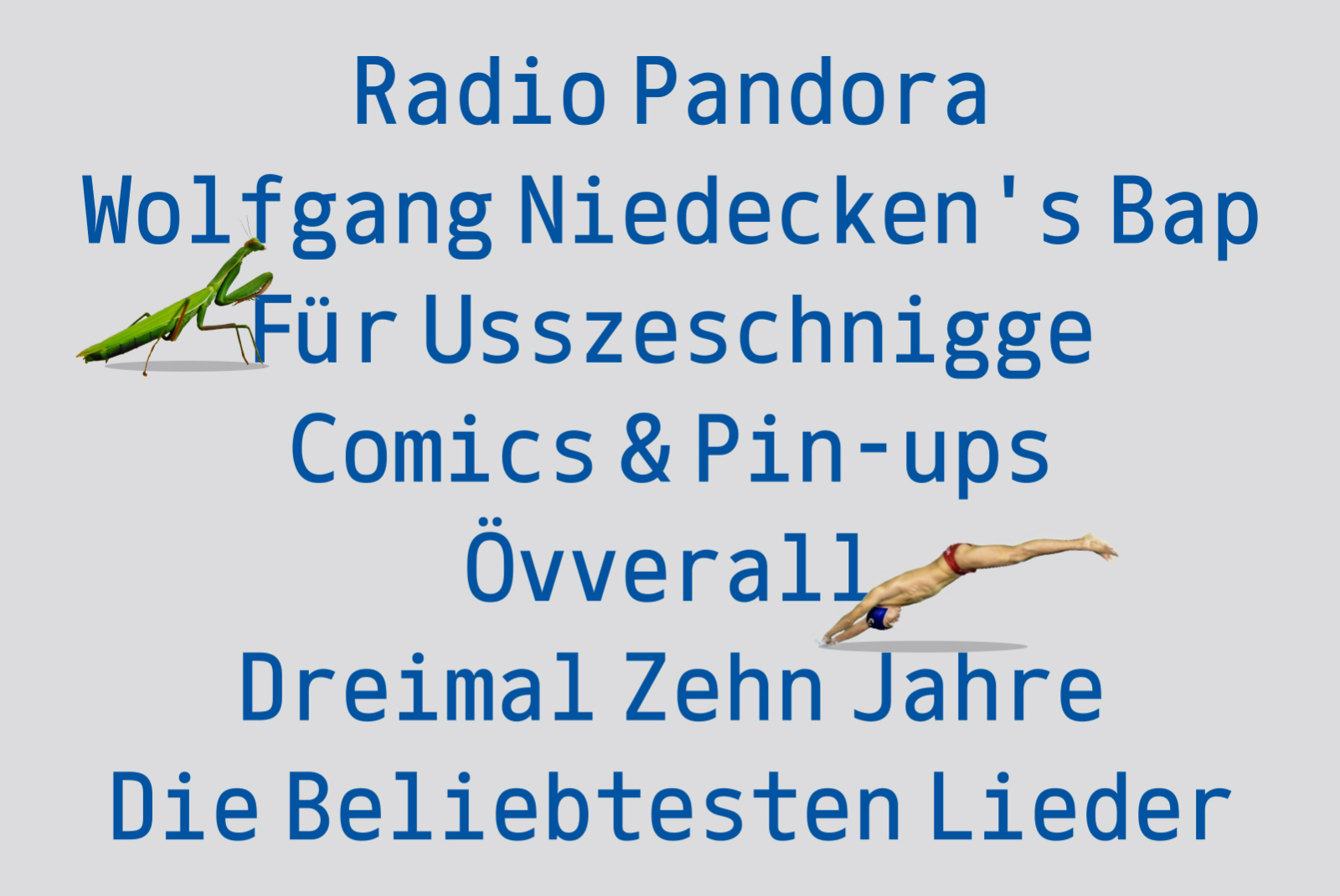 Sans-serif font displaying German text including Radio Pandora and Comics Pin-ups with a green praying mantis and diving swimmer clip art for design mockups.