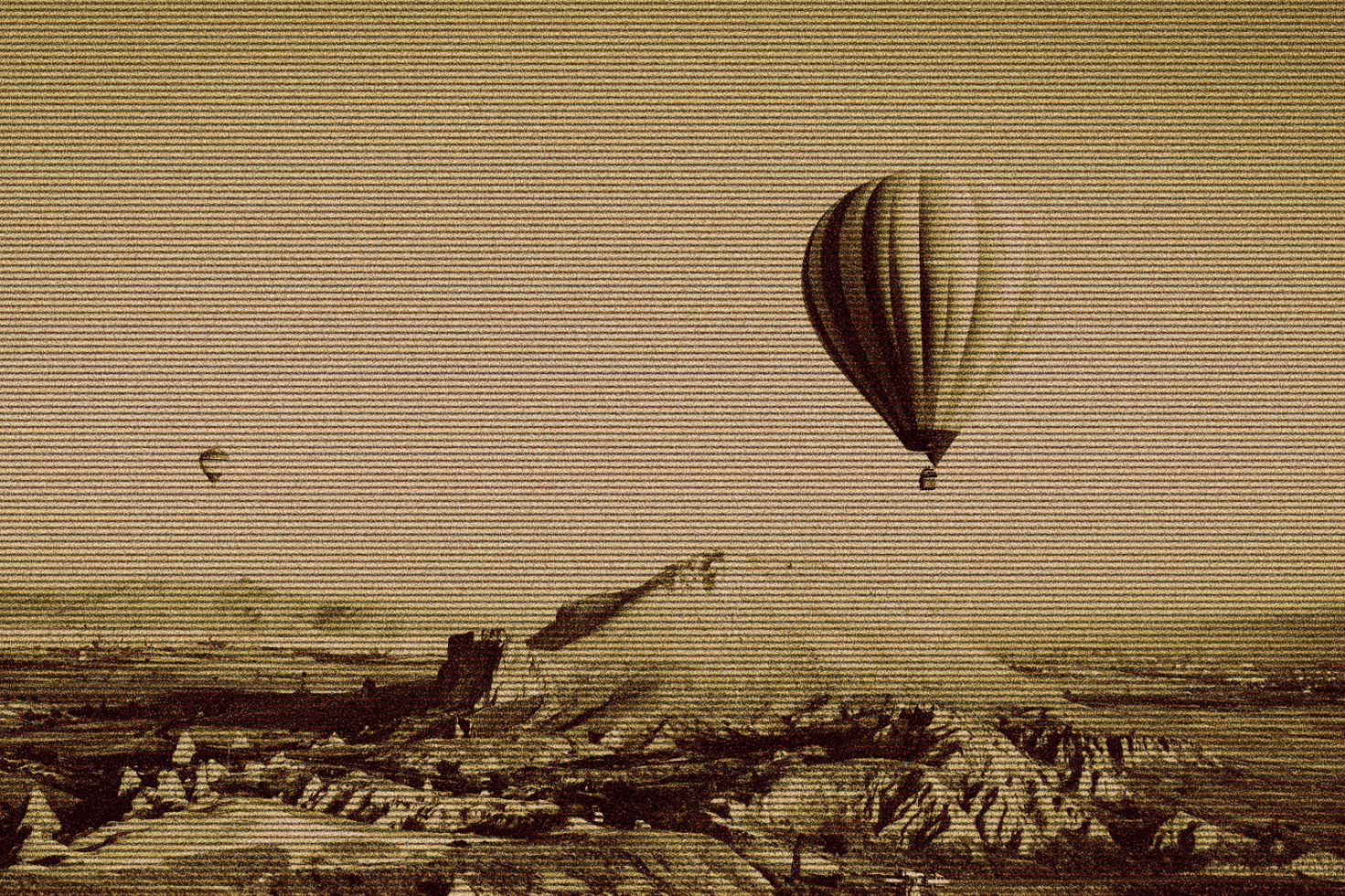 Vintage sepia-toned illustration of hot air balloons over mountains perfect for designers looking for a classic textured graphic template with a nostalgic touch