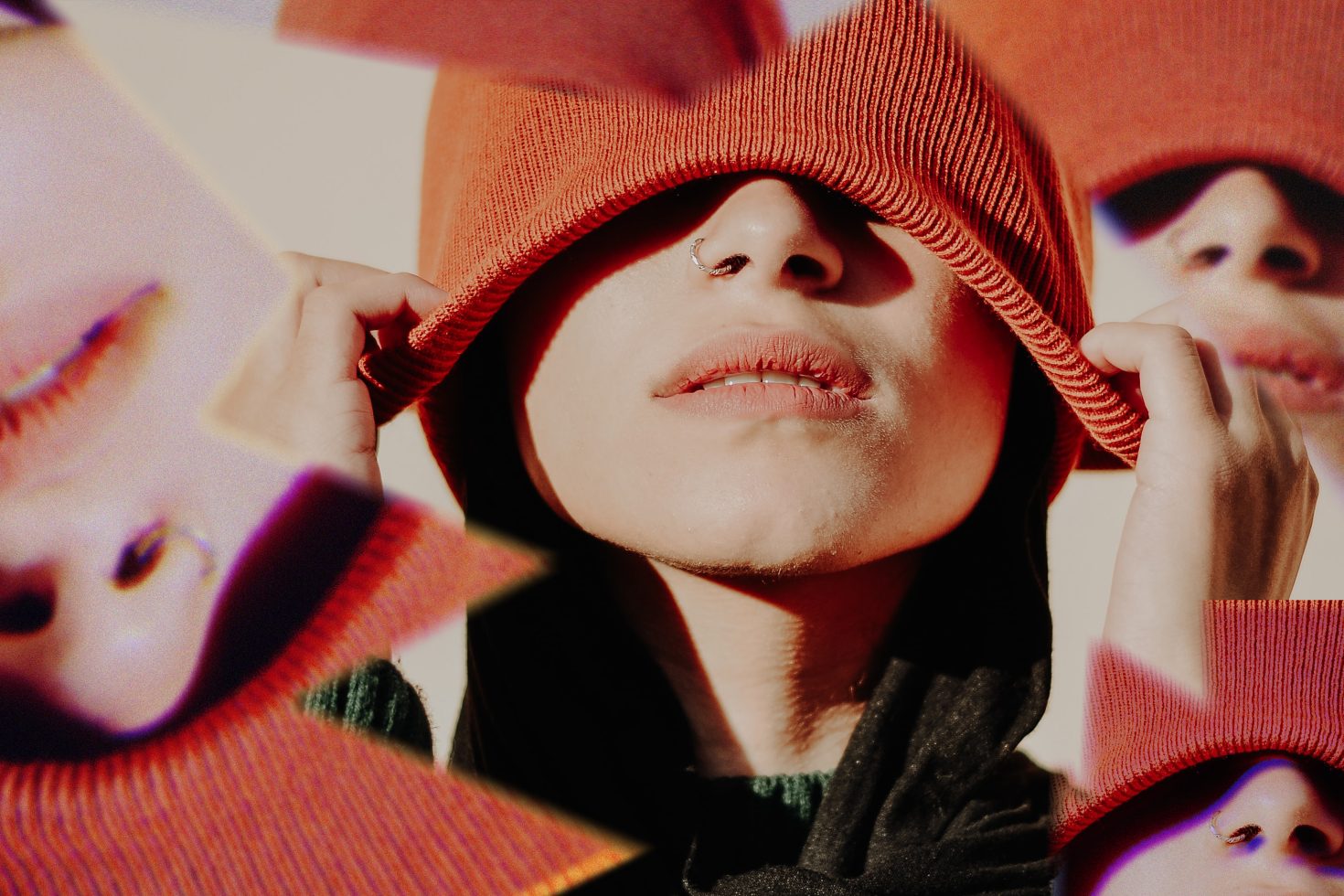 Collage art of person with orange beanie partially covering face with duplicated close-up fragments, suitable for graphics and creative templates.