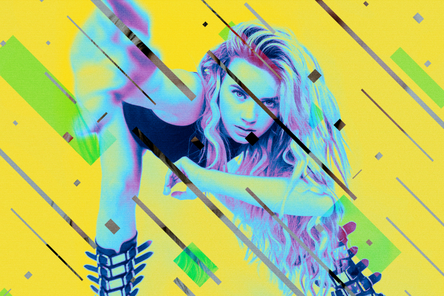 Vibrant glitch art style graphic with dynamic lines and vibrant colors featuring a model on a yellow background perfect for digital designers and graphic assets