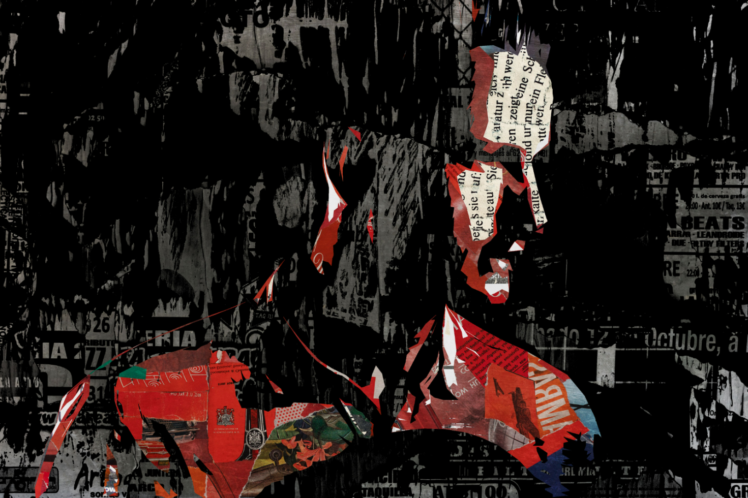 Digital collage artwork with abstract human face using torn newspapers and posters on black background ideal for graphic design mockups and templates