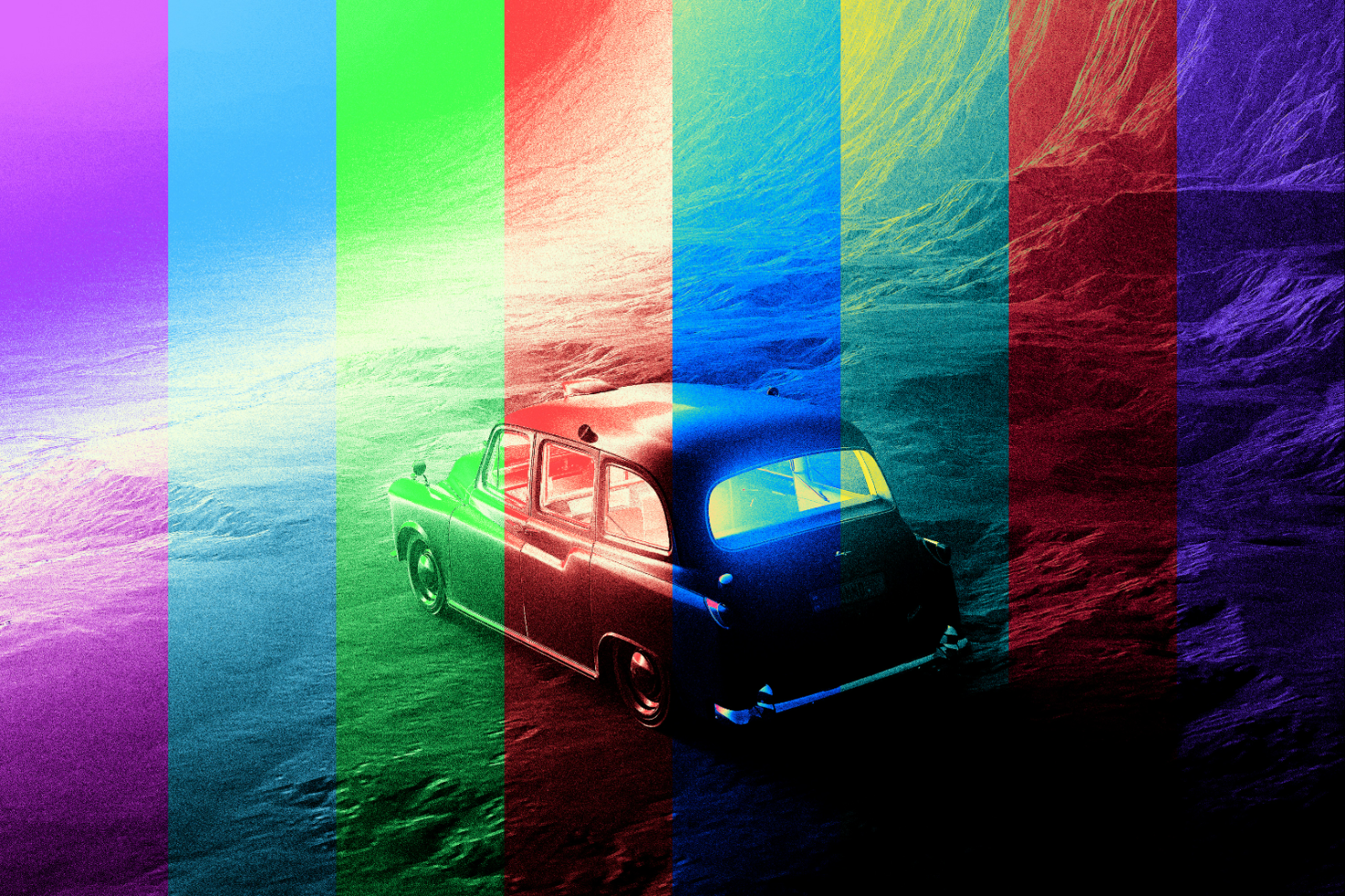 Colorful vintage car graphic with rainbow striped overlay. Suitable for designers to use as backgrounds, posters, and digital artwork assets. Keywords: Graphics, Mockups.