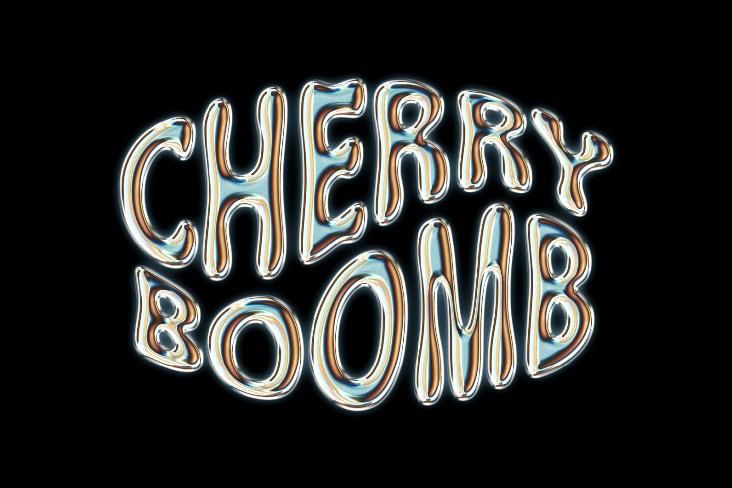 Holographic font mockup featuring the text Cherry Boomb in a shiny metallic style on a black background perfect for graphic design and template use.