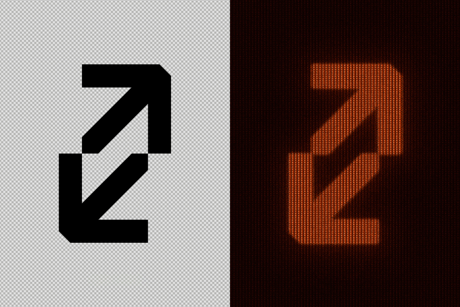 Digital arrow graphic template with a monochrome version on the left and a glowing orange version on the right perfect for mockups and design projects.