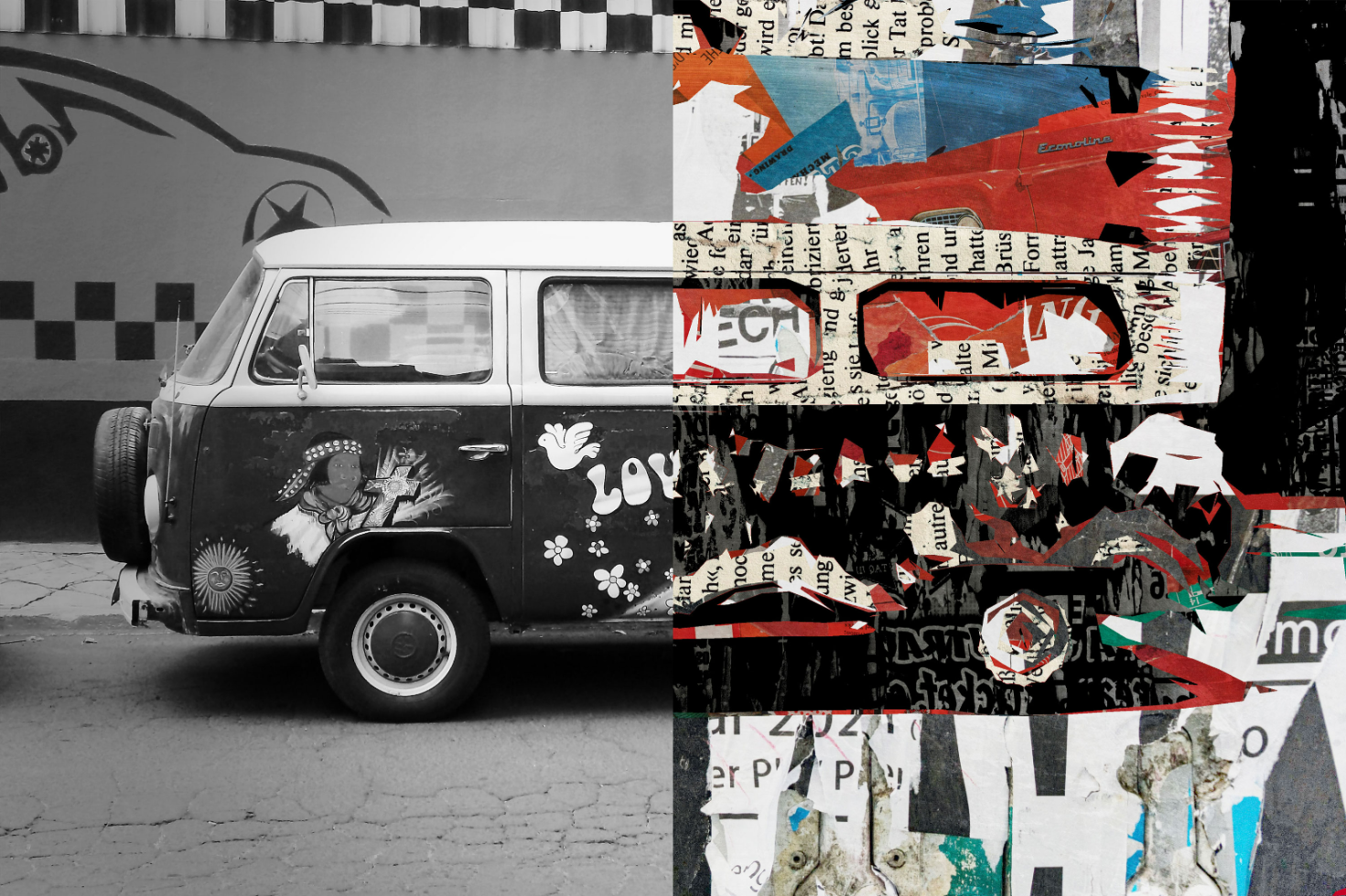 Half black and white vintage van on left, right side is abstract collage of colorful torn paper textures. Suitable for digital graphics, mockups, design templates.