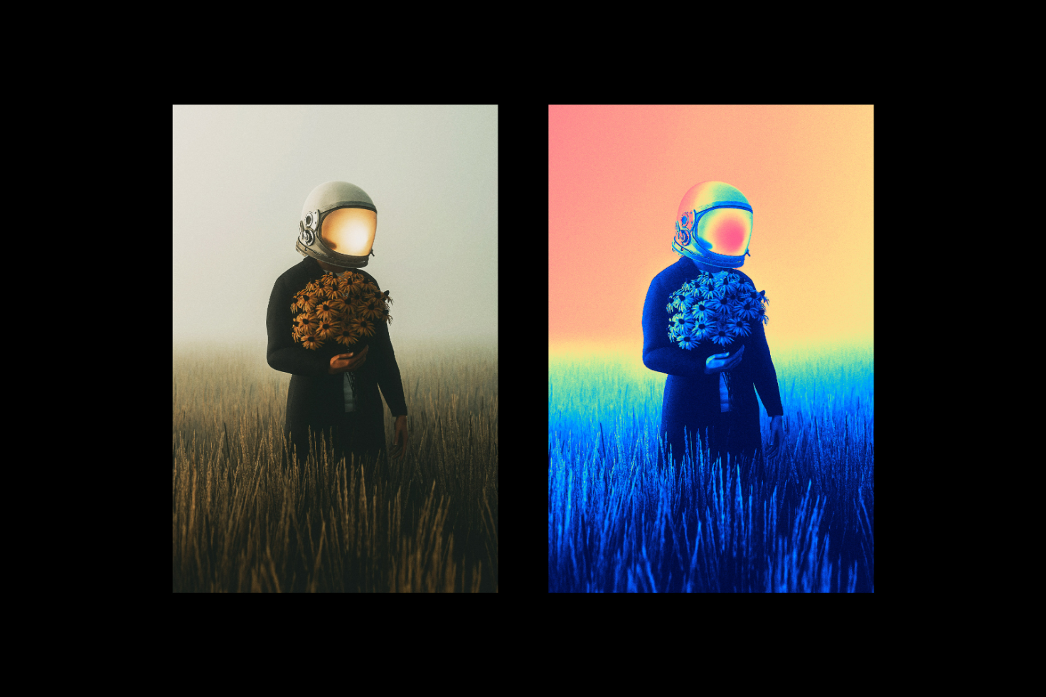 Digital artwork of an astronaut holding flowers, displayed in two color variations, realistic and vibrant, perfect for graphic design and creative templates.