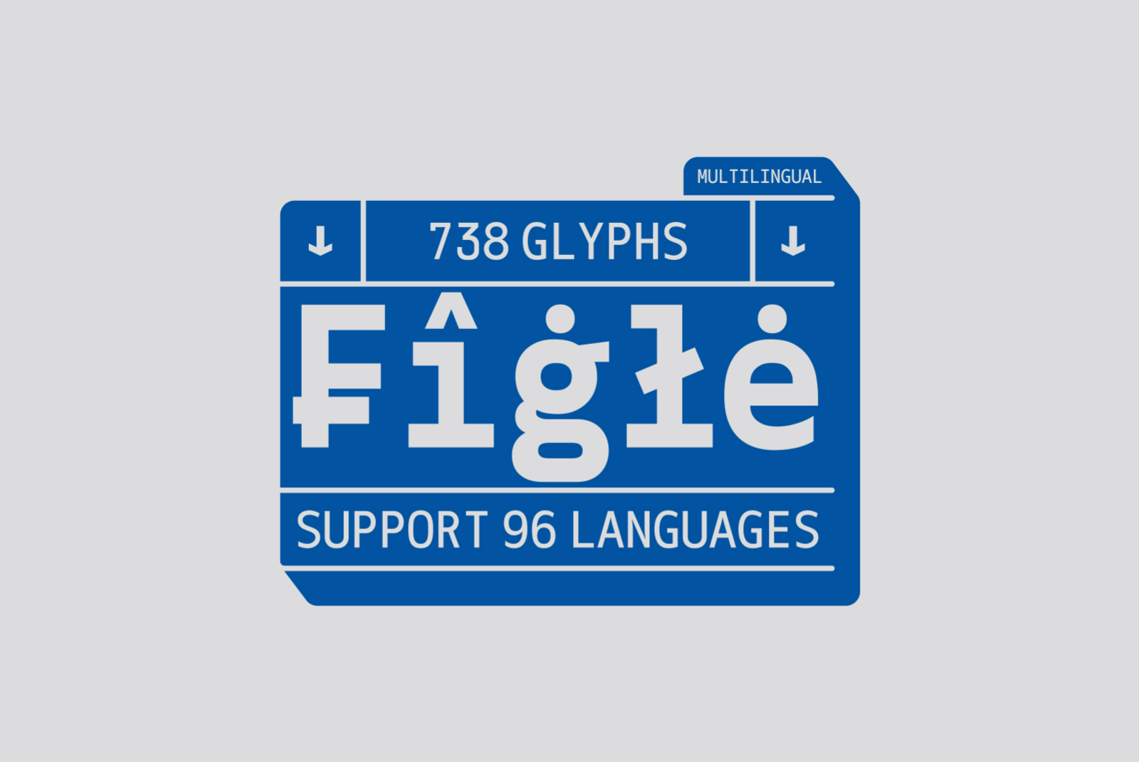 Multilingual font with 738 glyphs supporting 96 languages in a bold blue design. Suitable for templates logos graphic designs. Ideal for designers seeking variety.