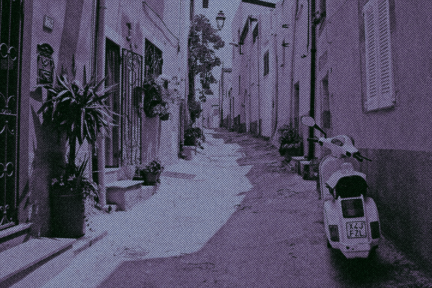 Vintage alleyway with scooter halftone effect photo illustration. Ideal for graphic design, mockup backgrounds, urban templates, vintage themes.