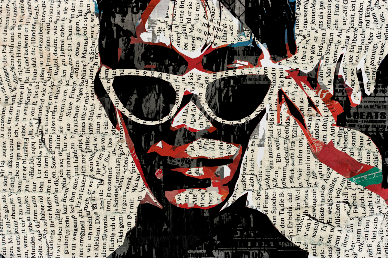 Collage-style artwork with text and abstract shapes forming a face wearing sunglasses suitable for graphic design digital assets mockups illustrations and templates