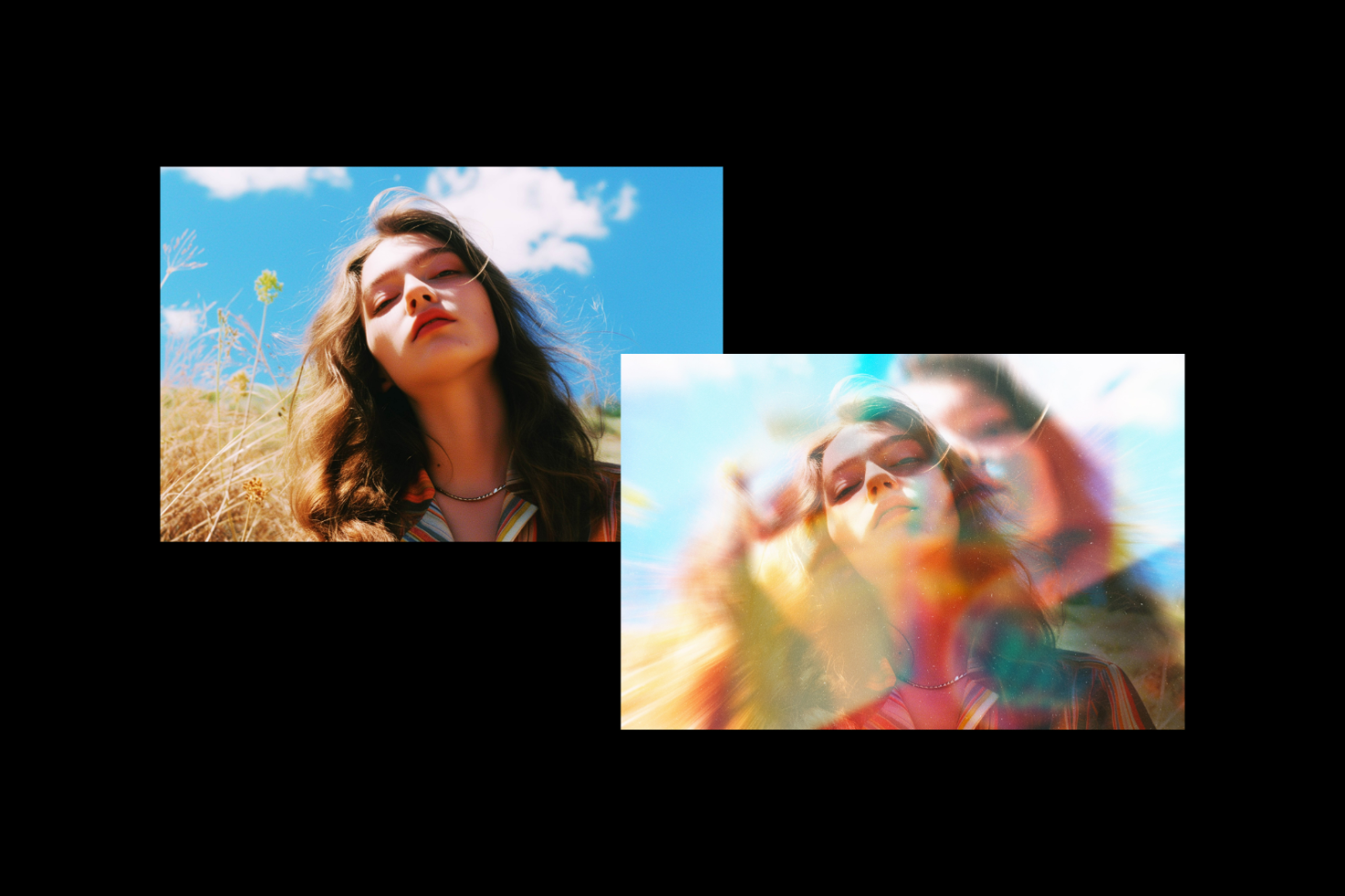 Two images showing a woman in a field under a bright blue sky, one with a prism effect. Keywords: photo, mockup, template, design, abstract, double exposure.